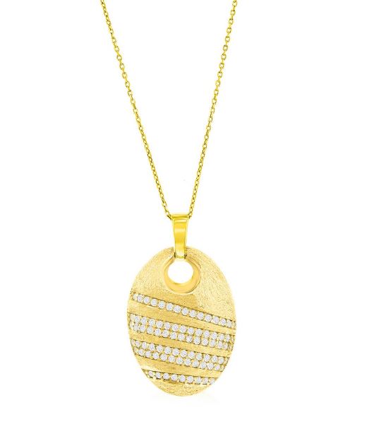 K GP .jpg Sterling Silver gold plated and cubic zirconia brushed large oval fashion pendant on cable chain 18"