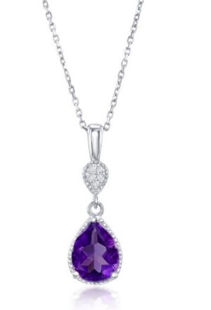 Sterling Silver genuine amethyst and white topaz dangle pendant on 1.2mm diamond cut cable chain 18"