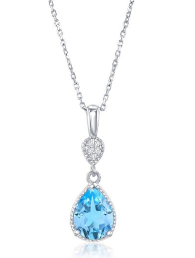 Sterling Silver rhodium plated genuine blue and white topaz dangle pendant on 1.2mm diamond cut cable chain 18"
