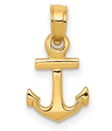 14kt yellow gold dangle anchor pendant on diamond cut cable chain with claw catch closure 18"