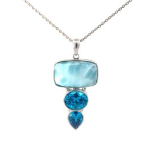Sterling Silver genuine larimar and blue cz emerald shap pendant on dc cable chain with claw catch rhod plated 18"