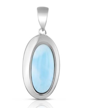 Sterling Silver rhodium plated genuine larimar oval pendant on 1.1mm diamond cut cable chain 18"