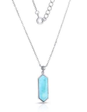 Sterling Silver rhodium plated genuine larimar hexagon necklace 16" +2" extention