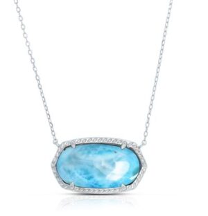 Sterling Silver rhodium plated genuine larimar 21mm by 11mm oval on hexagon frame necklace 18"