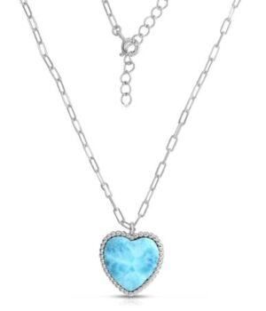 Sterling Silver rhodium plated genuine larimar heart pendant on paperclip pendant 18" with a 2" extention