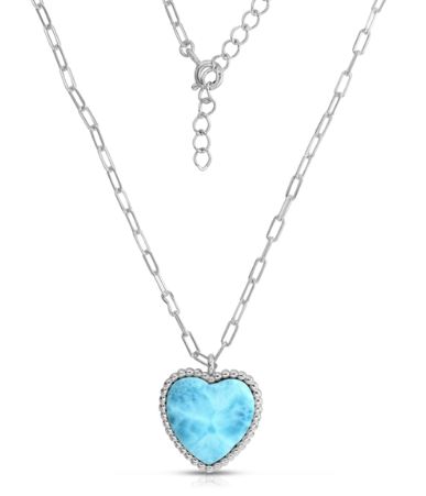 Sterling Silver rhodium plated genuine larimar heart pendant on paperclip pendant 18" with a 2" extention