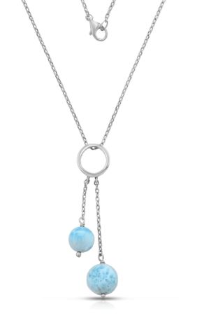 Sterling Silver rhodium plated genuine larimar round ball lariat design necklace