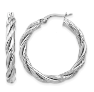 14kt white gold rhodium plated twisted hoop 28mm earring