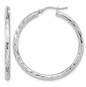 14kt white gold rhodium plated diamond cut large hoop earring