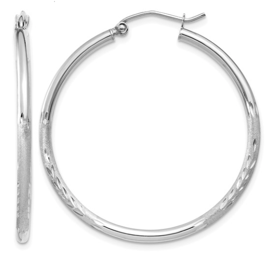 LEW .png 14kt white gold rhodium plated satin and diamond cut 2mm hoop earring 35mm