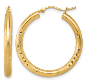 14kt yellow gold satin and diamond cut 3mm by 30mm hoop earring