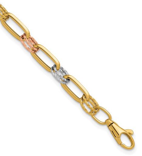 14kt tri colores polished and diamond cut fancy link bracelet 7" with claw catch closure
