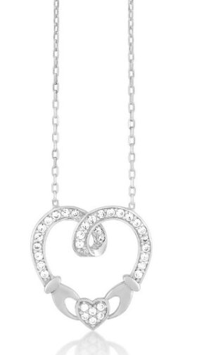 Sterling Silver rhodium plated cubic zirconia claddagh style heart necklace on adjust chain