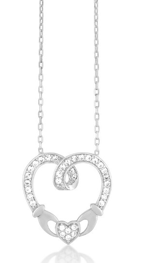 Sterling Silver rhodium plated cubic zirconia claddagh style heart necklace on adjust chain