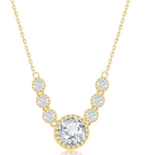 Sterling Silver Gold Plated Round Cubic Zirconia Beaded Halo Necklace On 16" With 2" Extention