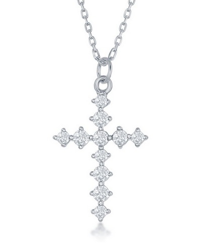 Sterling Silver rhodium plated cubic zirconia cross pendant on adjustable chain