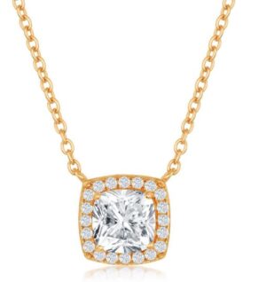 Sterling Silver gold plated cushion shape cubic zirconia halo pendant on adjustable chain