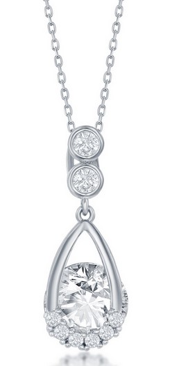 Sterling Silver rhodium plated pear shaped round spinning cubic zirconia fashion necklace on adjust chain
