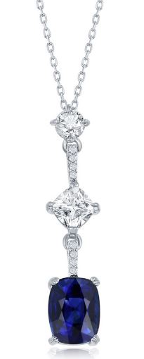 Sterling Silver white and blue cubic zirconia cushion cut dangle pendant on adjustable chain 18"