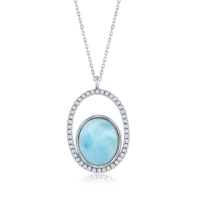 Sterling Silver rhodium plated cubic zirconia and genuine larimar oval pendant on adjustable chain