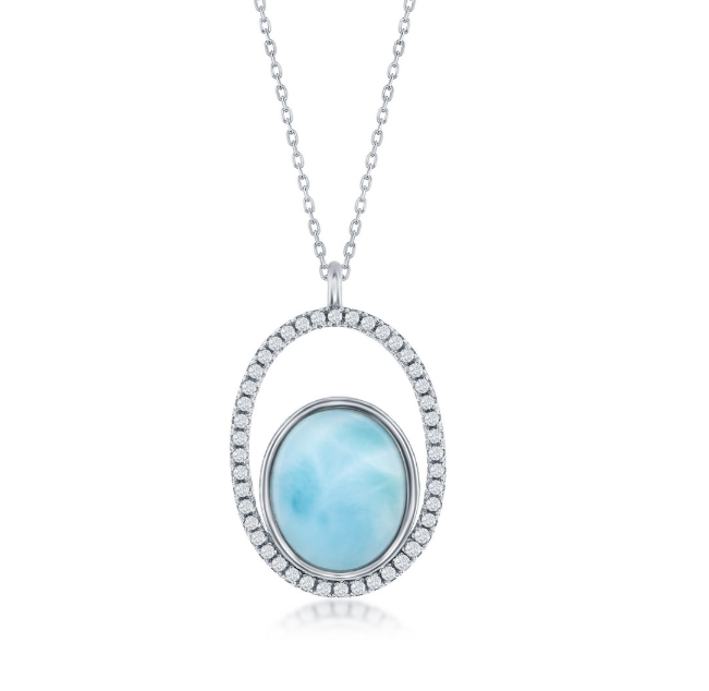 Sterling Silver rhodium plated cubic zirconia and genuine larimar oval pendant on adjustable chain