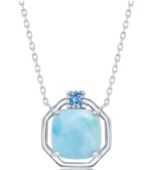 M .png Sterling Silver rhodium plated genuine larimar cushion and blue cz necklace on adjustable chain