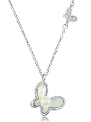Sterling Silver mother of pearl and freshwater pearl butterfly pendant on adjustable chain 18"