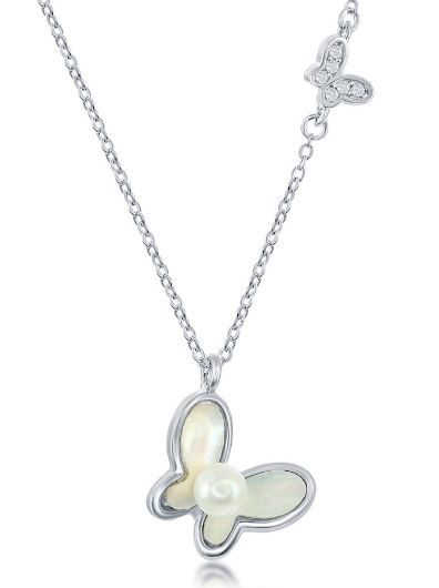 M .jpg Sterling Silver mother of pearl and freshwater pearl butterfly pendant on adjustable chain 18"