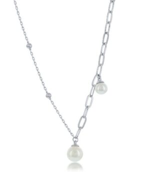 Sterling Silver paperclip and beaded freshwater necklace with adjustable chain 18"