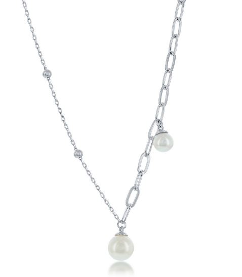 M .jpg Sterling Silver paperclip and beaded freshwater necklace with adjustable chain 18"