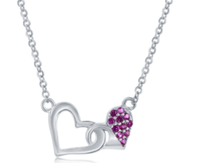Sterling Silver rhodium plated pink cubic zirconia double heart necklace on adjustable chain