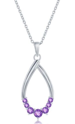 Sterling Silver genuine amethyst pear shaped pendant on adjustable chain