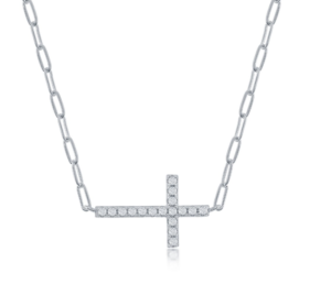 Sterling Silver rhodium plated , CZ Sideways Cross Paperclip Necklace on adjustable chain