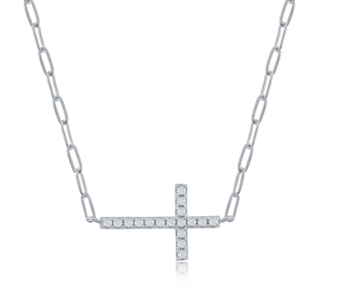 M .png Sterling Silver rhodium plated , CZ Sideways Cross Paperclip Necklace on adjustable chain