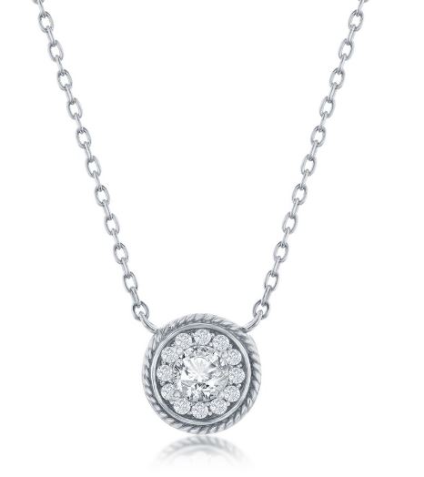 Sterling Silver round cubic zirconia round cable chain solitare pendant on adjustable chain 18"