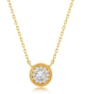 Sterling Silver gold plated cubic zirconia round solitare cable style pendant on adjustable chain 18"