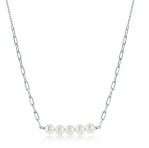 Sterling Silver simulated pearl bar necklace with paperclip chain