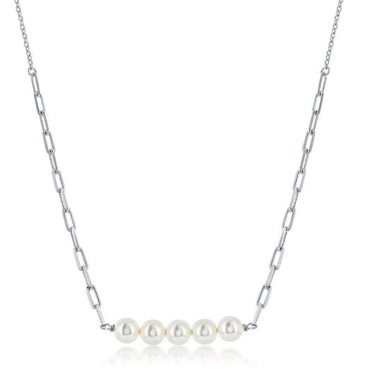 Sterling Silver simulated pearl bar necklace with paperclip chain