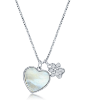 Sterling Silver rhodium plated mother of pearl and heart cubic zirconia paw print necklace