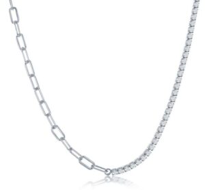 Sterling Silver half 3mm paperclip and half 2mm tennis cubic ziconia necklace 18"