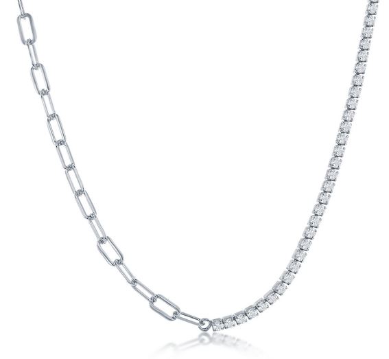 Sterling Silver half 3mm paperclip and half 2mm tennis cubic ziconia necklace 18"
