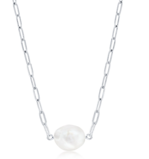 Sterling Silver rhodium plated freshwater pearl paperclip necklace
