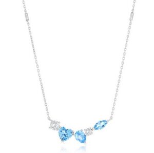 Sterling Silver rhodium plated multi shaped cubic zirconia blue and clear necklace with adjust chain