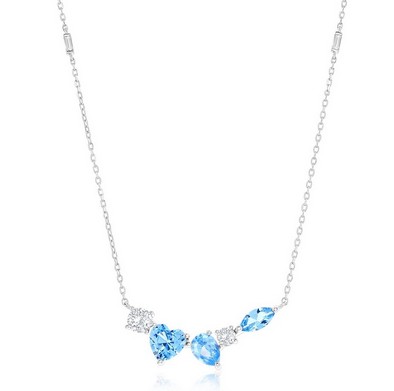 Sterling Silver rhodium plated multi shaped cubic zirconia blue and clear necklace with adjust chain