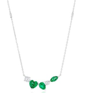 Sterling Silver rhodium plated multi shaped cubic zirconia green and clear bar necklace on adjustable chain