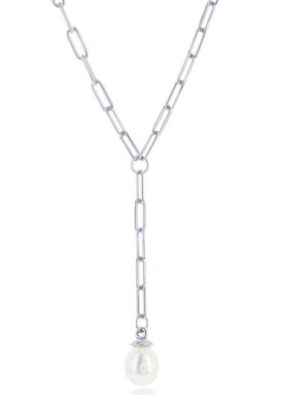 Sterling Silver paperclip freshwate pearl paperclip Y necklace 18"