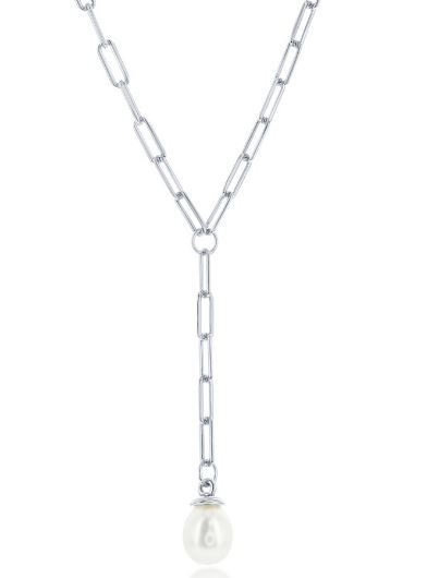 M .jpg Sterling Silver paperclip freshwate pearl paperclip Y necklace 18"