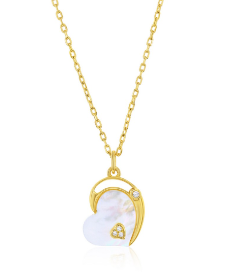 M GP .png Sterling Silver gold plated mother of pearl and cz Heart and Moon "I Love You To the Moon and Back" necklace on adj. chain