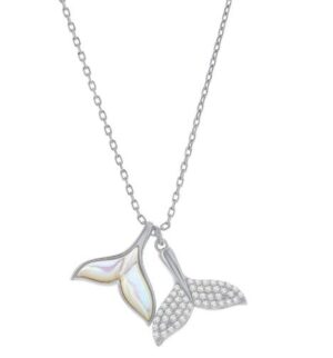 Sterling Silver mother of pearl and cz double whales tail necklace