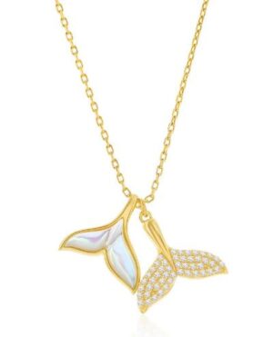 Sterling Silver gold plated mother of pearl and cz whales tail pendant rhodium plated